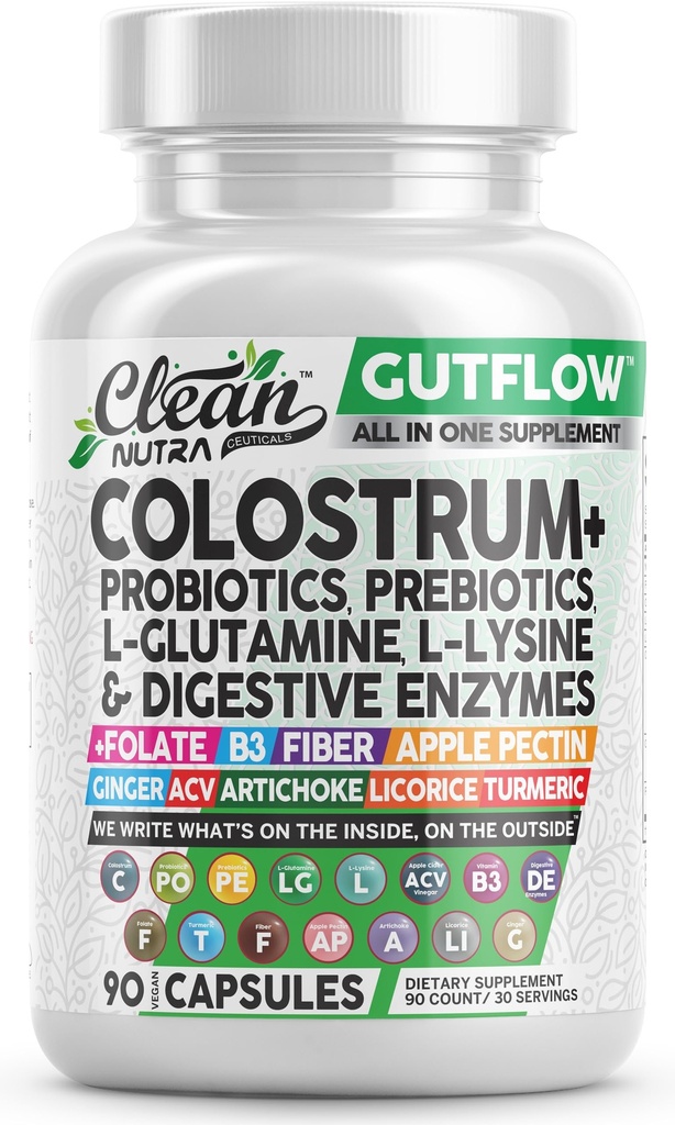 Clean Nutraceuticals Colostrum Supplement Kapselit Probiootit Pillerit Prebiootit, L-glutamiini, Dgestive Enzymes, Folate, Fiber, ACV, Turmeric, Apple Pektiini ja Turmeric Pills