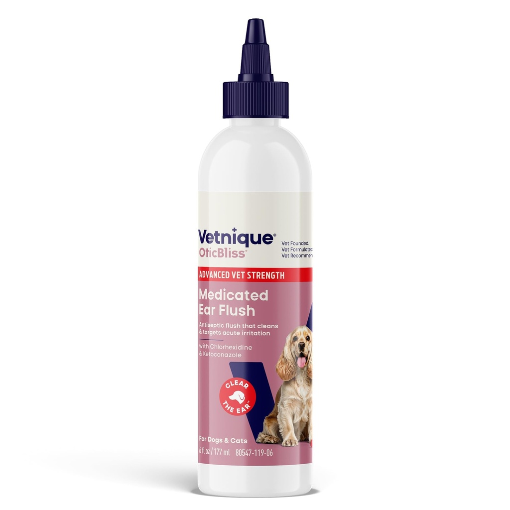 Vetnique Oticbliss Advanced Strength Lääkityskoiran korvan infektion hoito, kissan ja koiran korvan puhdistusaine Klorheksidiini- ja Ketokonatsoliliuos (6oz flush)