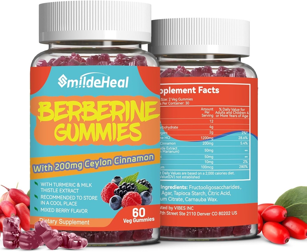 2 pakkaus berberiini Gummies 1200mg kanssa Ceylon kaneli 200mg, maito Thistle Extract & Turmeric, Vegan Berry Flavor, ei-GMO, Liivate, Gluteeniton, 120 kreivi