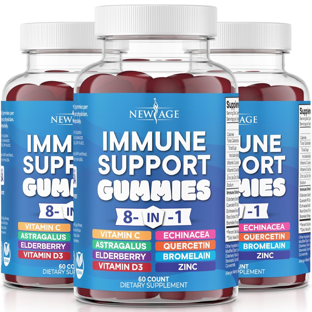 NEW AGE 8 i 1 Immune Support Booster Supplement med Astragalus Root, Vitamin C och Zink 50mg, Vitamin D 5000 IE, Quercetin & Bromelain (8 i 1 Gummies (Pack of 3))