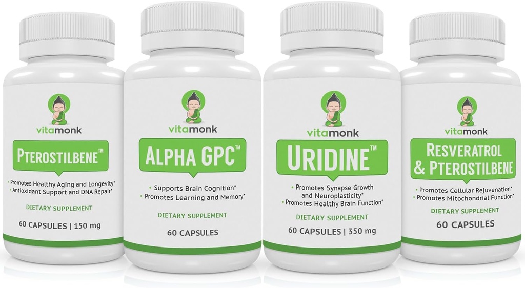 VitaMonk Resveratrol, Pterostilbene, Alfa GPC ja Uridiini Bundle - Pitkäikäisyys ja aivojen Boosting Stack