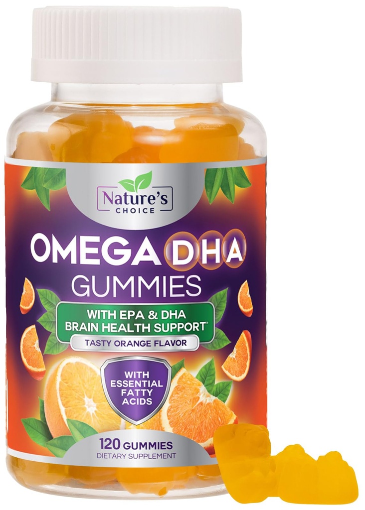 Omega 3 Fish Oil Gummies - Triple Strength Omega3 Gummy - DHA & EPA Fatty Acids för hjärthälsa, Joint & Brain Support, Nature's High Absorption Omega Fish Oil Supplement, Orange Flavor- 120 Gummies