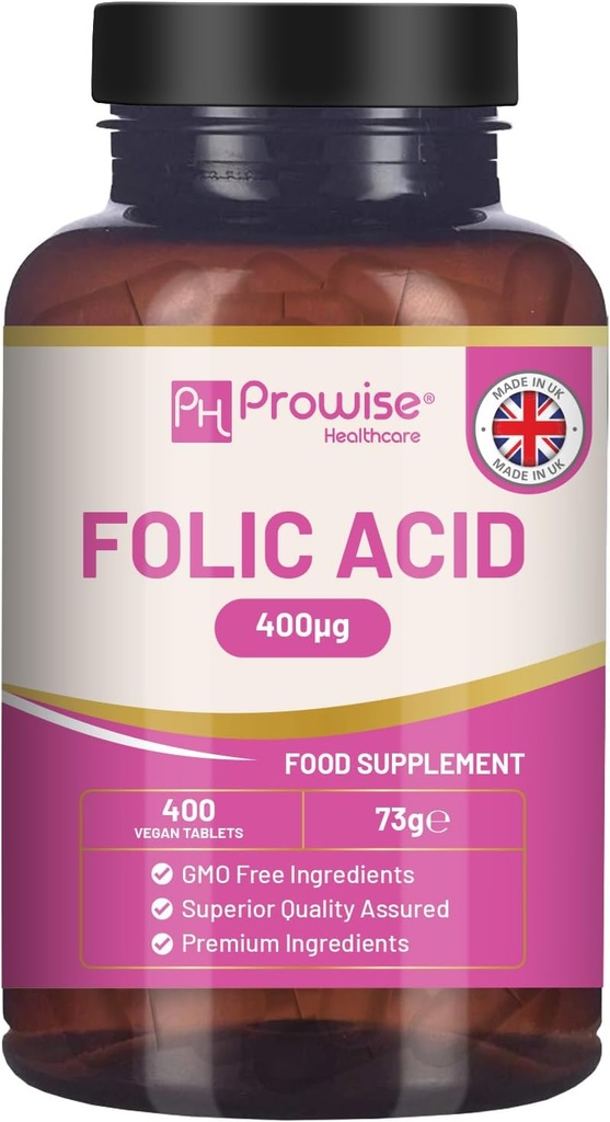 Folsyra tabletter 400 mcg - 400 Vegan Vitamin B9 tabletter | 13 månaders leverans | Vitamin B9 Graviditetsvård | Normal funktion av immunsystem & Maternal Tissue Growth Under graviditeten | UK Made - Prowise