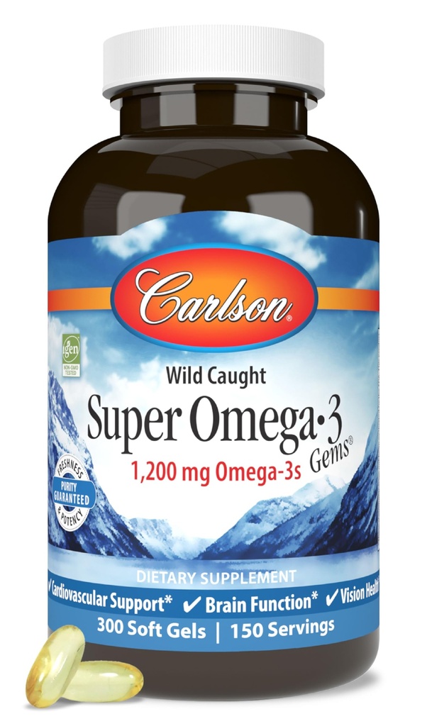 Carlson - Super Omega-3 Gems, 1200 mg Omega-3 Fatty Acids med EPA och DHA, Wild-Caught Norwegian Fish Oil Supplement, hållbart källade kapslar 300 Softgels