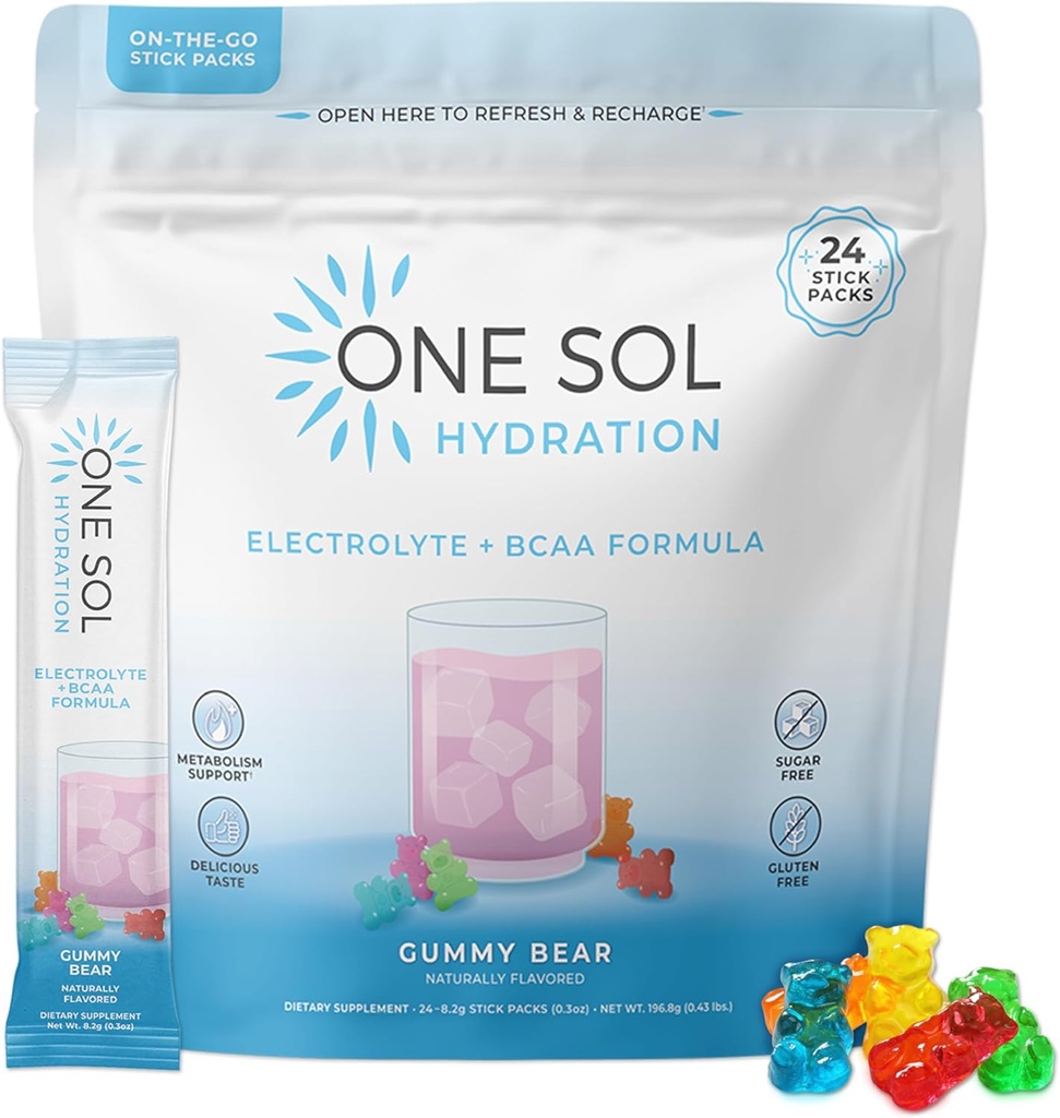 Yksi Sol BCAA & Electrolyte Powder for Hydration & Energy, Kaikki luonnolliset Formula, 100% Vegaani, ei-GMO, Gluteeniton & soijaton, edistää lihasten kasvua ja elpymistä, Gummy Bear Flavor