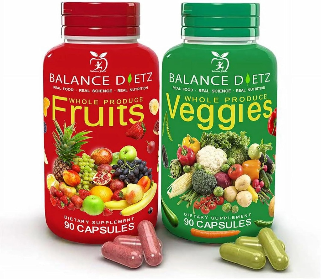 Frukt och Veggies Supplements, 90 Fruit Capsules och 90 Veggies Capsules, Whole Food Supplement med frukt och grönsaker för kvinnor, män och barn | Uppsättning av 1