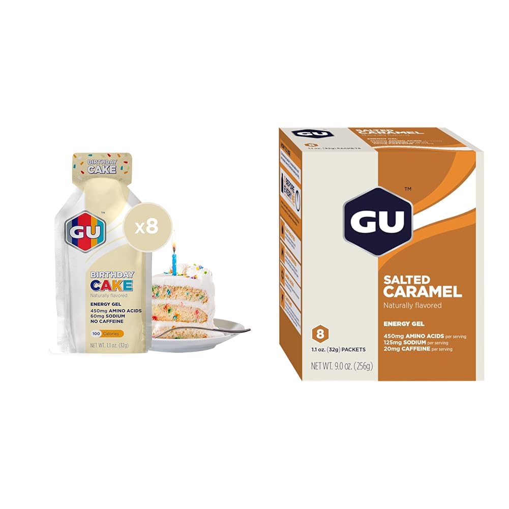 GU Energy Original Sport Nutrition Energy Gel, 8-Count Birthday Cake och 8-Count Salted Caramel Flavors