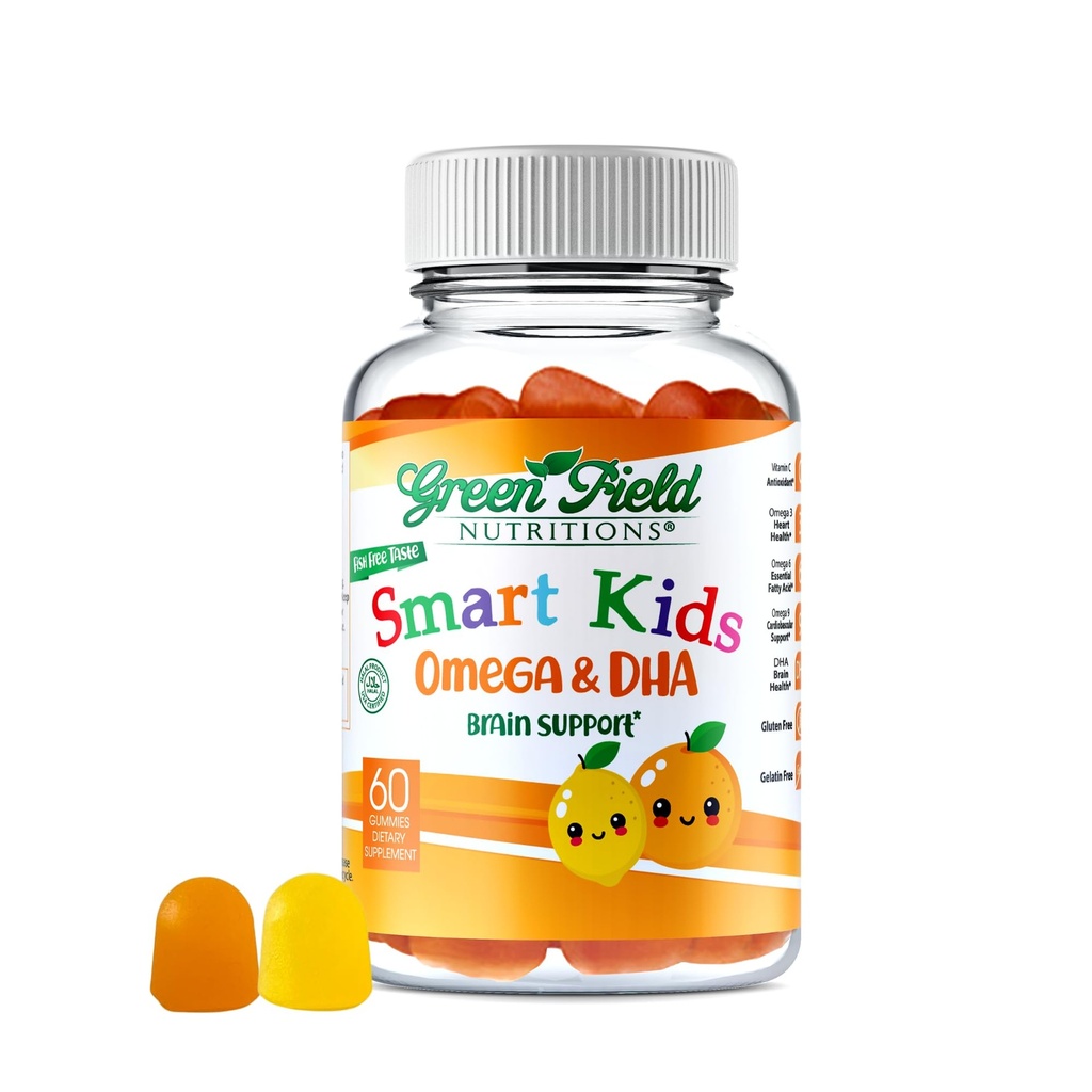 Greenfield Nutritions Smart Kids Halal Omega 3 Gummies DHA - 60 Halal Vitamiineja lapsille, tukee aivot ja immuuni terveys - Vegaani, ei-GMO, Gluteenittomat, Liivate-vapaa ja maapähkinöistä vapaa Halal Gummy Vitamiinit