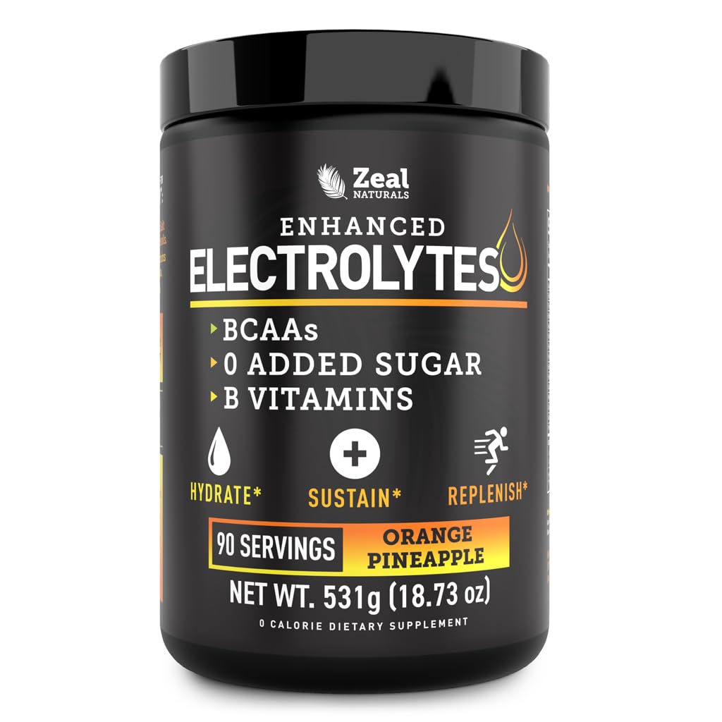Zeal Naturals Electrolyte Powder Recovery Drink (90 tarjoilua - Orange Ananas) w 0 Sokeri + BCAAs + B-vitamiinit Elektrolyytti Supplement w Kalium Sinkki & Magnesium for Hydration - Keto Electrolytes