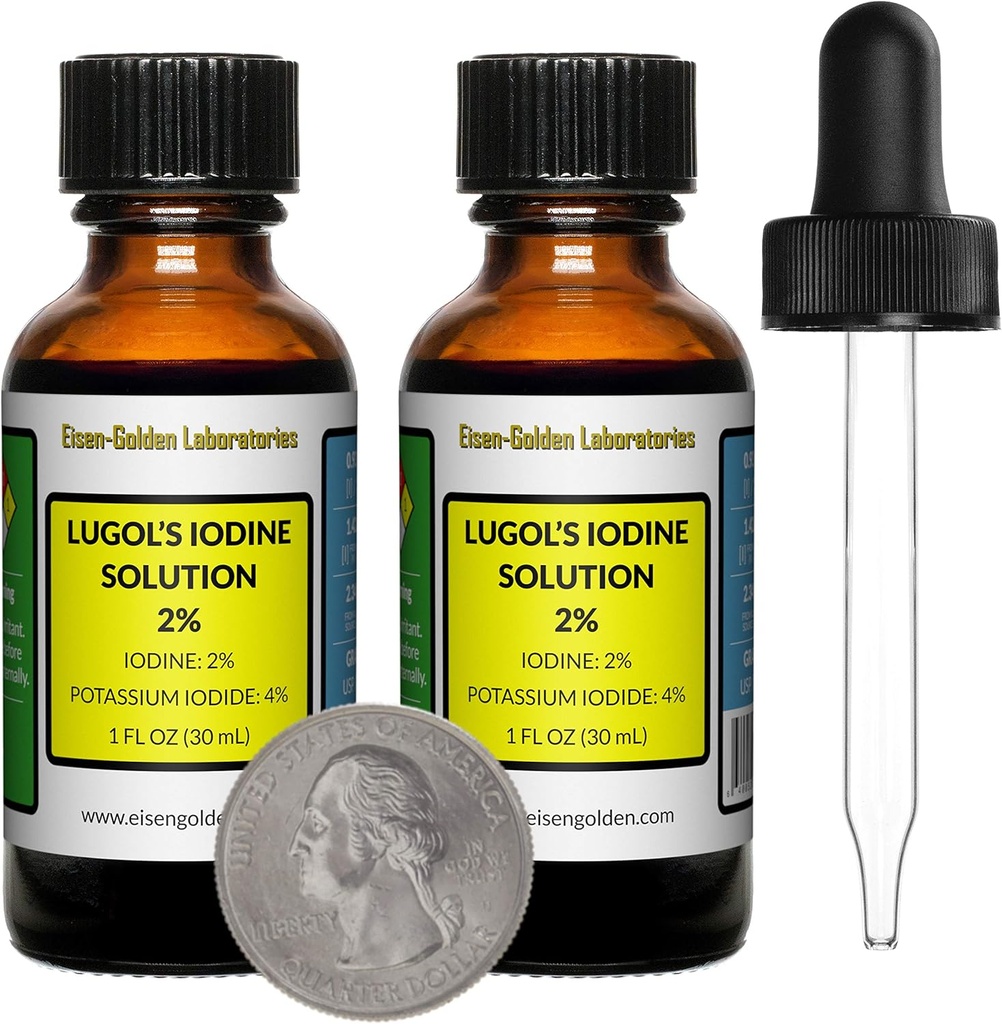 Lugols jod / 2% Lösning / 2 Oz i två Amber Glasflaskor / Free Droppers / USA