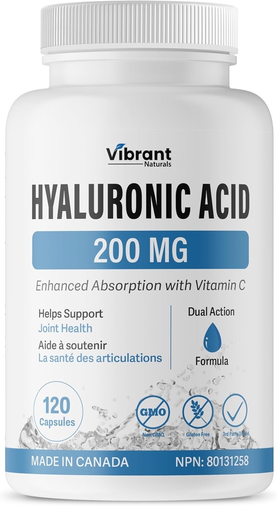 Hyaluronihappolisä 200 mg - 120 kapselia, joissa on C-vitamiinia 100 mg, Joint & Skin Health, ei-muuntogeeninen fermentaatio, gluteeniton, kolmas osapuoli testattu, Biosablet Formula