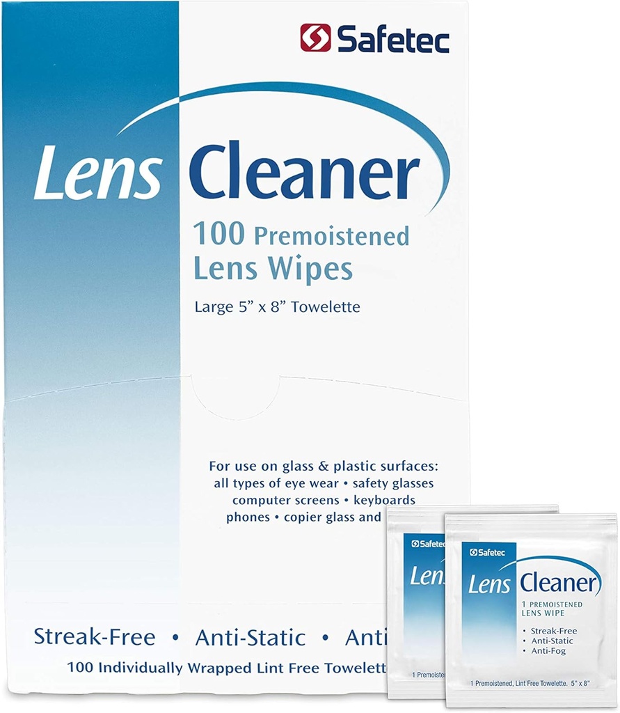 Safetec Lens & Eyeglasses Puhdistuspyyhkeet, Esimoistetut pyyhkeet (2 pakkaus 100ct laatikoita - 200 puhdistusvaatteet)
