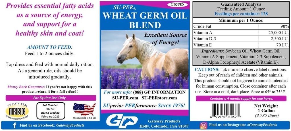 SU-PER Wheat Germ Oil Blend for Horses - Tukee energiaa, kestävyyttä, kestävyys, terve iho ja takki - Essential rasvahapot, vitamiinit ja mineraalit - 1 Gallon + Pump, 4 kuukauden tarjonta