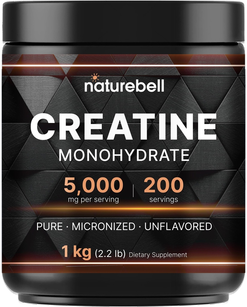 NatureBell Creatine Monohydraatti Kuiva-aine 1 000g, 5 000 mg per tarjoilu, 200 tarjoilua (2,2 lb)
