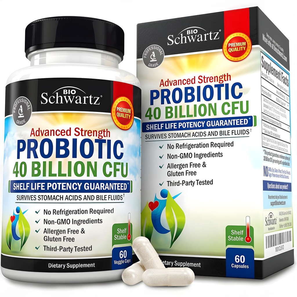 BioSchwartz Daily Probiotic Nutritional Supplement - 40 miljarder CFU för Gut Health - Probiotika för män och kvinnor - Digestive Health med Astragalus & Lactobacillus - Shelf Stable - 60 Count