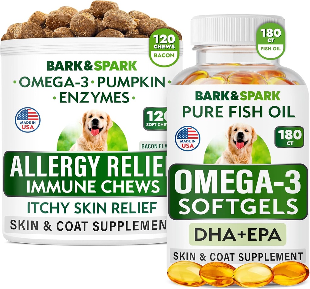 Allergy Relief + Omega 3 Bundle - Anti-Itch Skin & Coat Supplement + Skin Allergy - Omega 3 Fish Oil + EPA & DHA Fatty Acids - Itching & Paw Licking + Joint Health - 120 Chews + 180 Softgels - Tillverkad i USA
