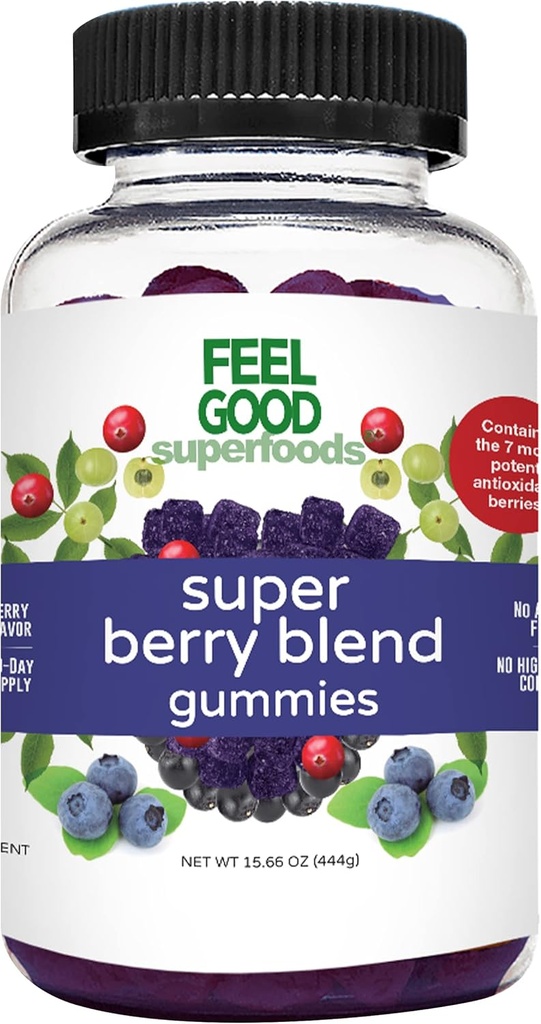 FeelGood Superfoods Super Berry Multivitamin Supplements, Acai, Amla, Lingonberry, Maqui, Bilberry och Aronia Berry Gummies, Berry Flavor, Vegan, Non-GMO, 60 Count