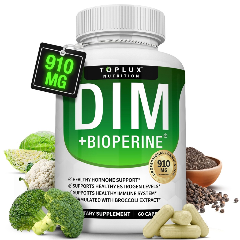 Dim Supplement 910 mg Plus BioPerine Complex - diindolyylimetaani tukea hormonitasapainoa ja Estrogeeni aineenvaihduntaa, auttaa Menopause akne PCOS parempi ihon kehonrakennus, miesten naisten, 60 kapselia