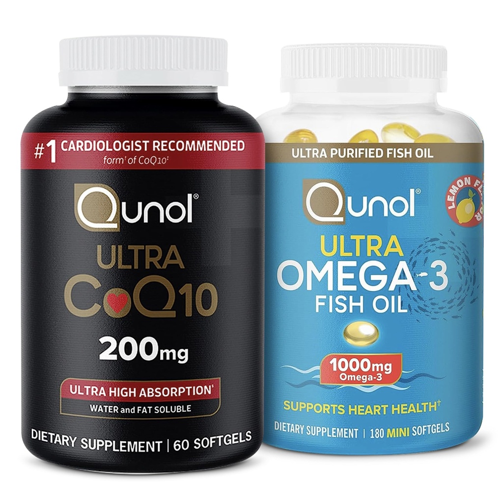 Qunol CoQ10 100mg Softgels, 3X Better Absorption, 4 kuukauden toimitus, 120 Count + Fish Oil Omega 3 Mini Softgels, 1000 mg Omega 3 EPA + DHA, 3 kuukauden toimitus, 180 Count