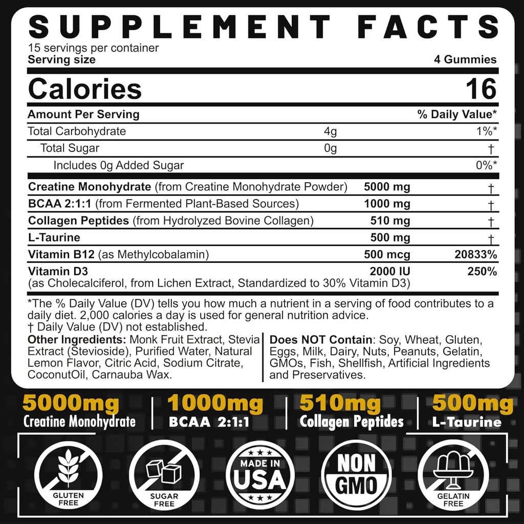 Mäns & Women's Creatine Monohydrate Gummies Complex, 6-i-1 Chewable Pre-Workout Creatine med BCAA, Collagen Peptides, L-Taurine, 15 portioner, Natural Lemon Flavor - 60 Count (Pack av 1)