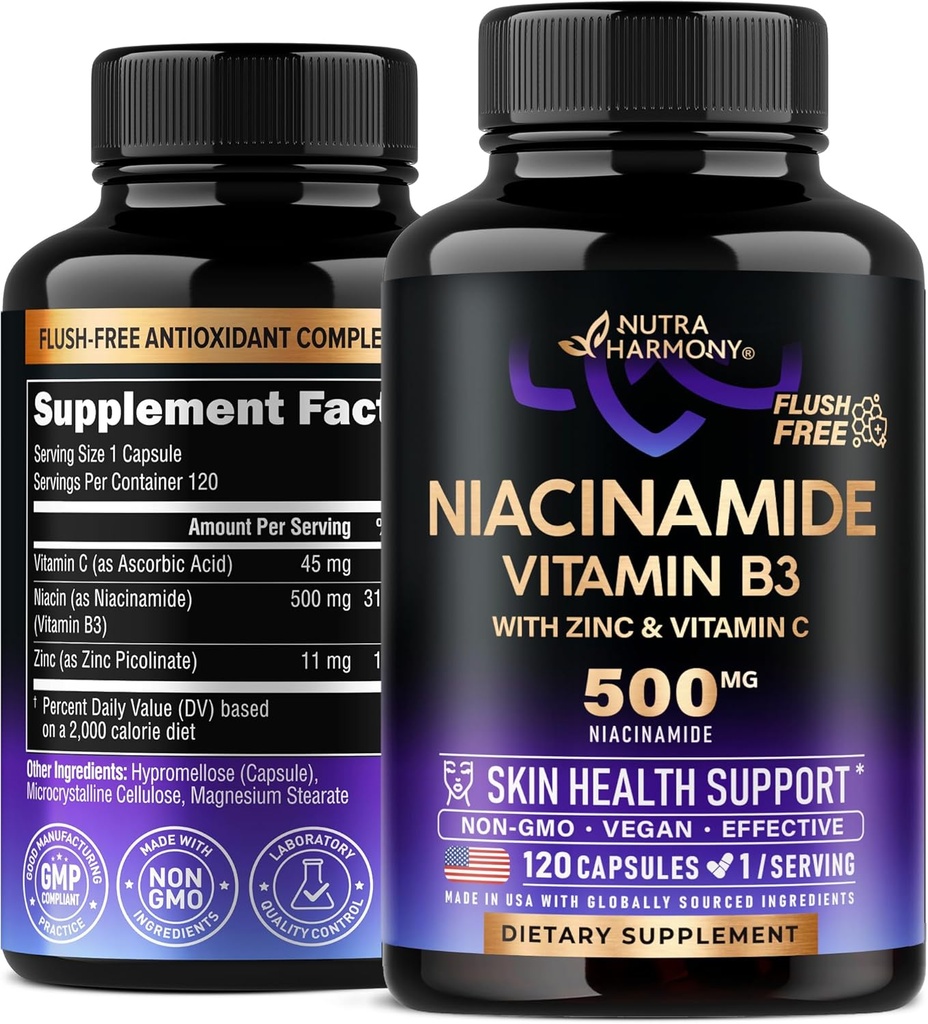 Niacinamide 500 mg - Vitamin B3 Flush-fri Form Niacinamide Supplement - Hälsosam Clear Skin & Antioxidant Support - med Zink & Vitamin C - Lab Testad, Vegan & NON-GMO - Tillverkad i USA - 120 kapslar