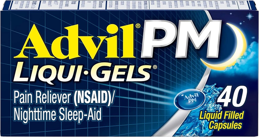 Advil PM Smärta Reliever och nattsömnhjälp, Smärtmedicin med Ibuprofen för smärtlindring och difenhydramincitrat för en sömnhjälp - 40 Coated Caplets