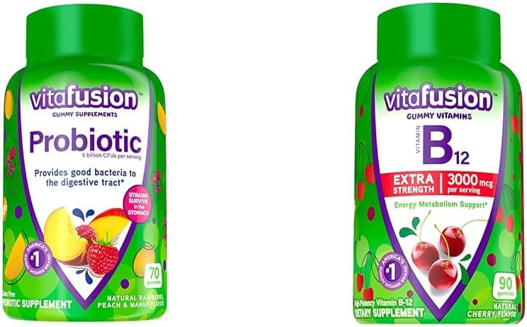 Vitafuusio Probiootti Gummy lisäravinteet, vadelma, persikka ja mango makuja & Extra Strength B12-vitamiinia