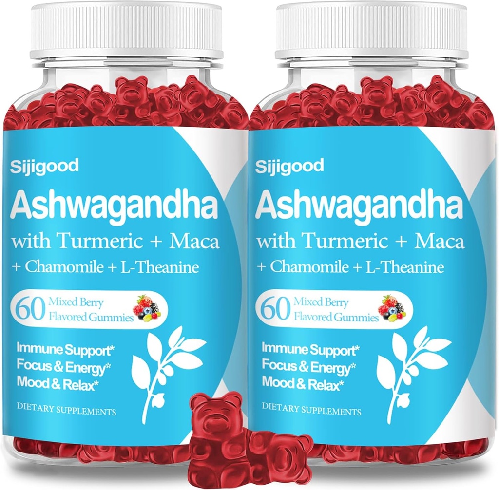 2 Pack Ashwagandha Gummies med L-theanin, Ashwa Root Supplement Gummy för kvinnor män, 120 blandade Berry smaksatta gummies