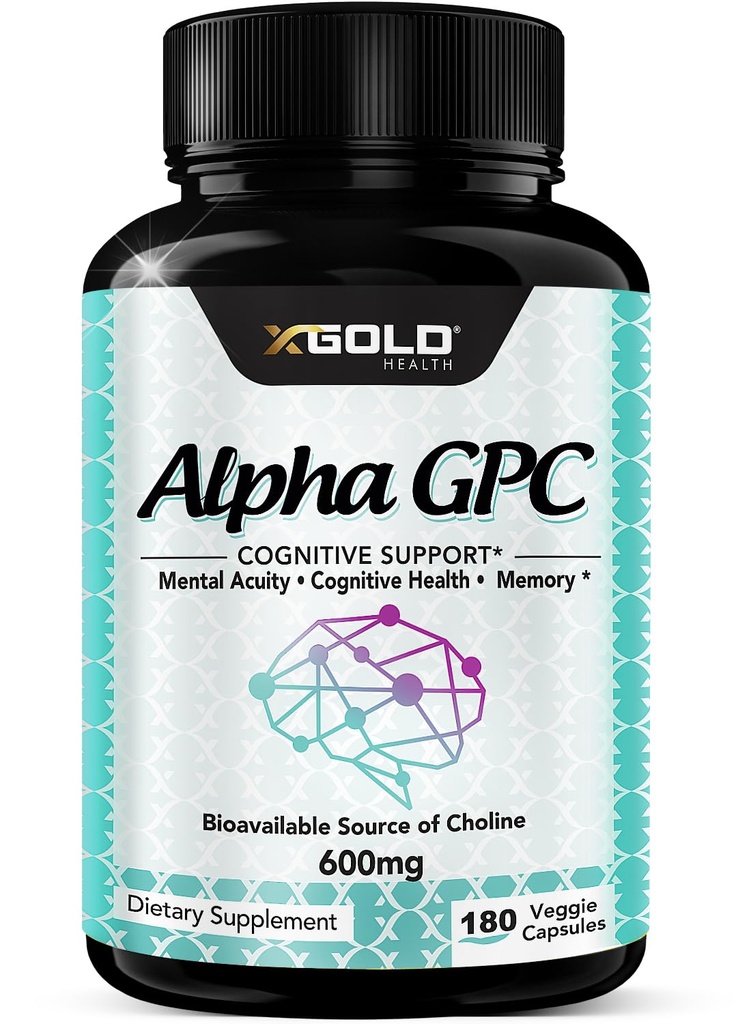 Alfa-GPC-koliinilisä 600mg, 99%+ Erittäin puhdas, Erittäin biologisesti hyödynnettävissä oleva Koliinin lähde,180 Kasviskapselia, kognitiivinen Enhancer-nootrooppinen, tukee muistia ja aivotoimintaa, tehostaa keskittymistä ja motivaatiota