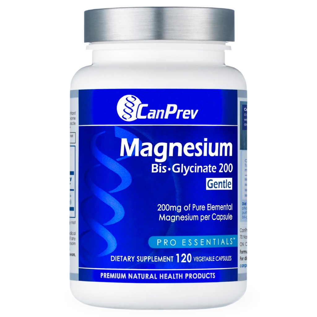 CanPrev Magnesium Bis-Glycinate Gentle 200mg, 120 V-Caps 120-Day Supply - Pure Elemental Magnesium Supplement, Stöder ben- och muskelfunktion, Gentle på mage, Perfekt för dagliga magnesiumbehov