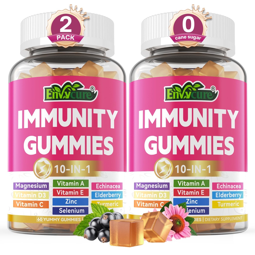 10 in 1 Immunosupport Supplement Gummies, w/Echinacea, Elderberry C-vitamiini ja sinkki, Selenium, D3-vitamiini 5000IU, magnesium, Päivittäinen immuuni Booster Multivitamiini, antioksidantti luuenergia, 2 pakkaus