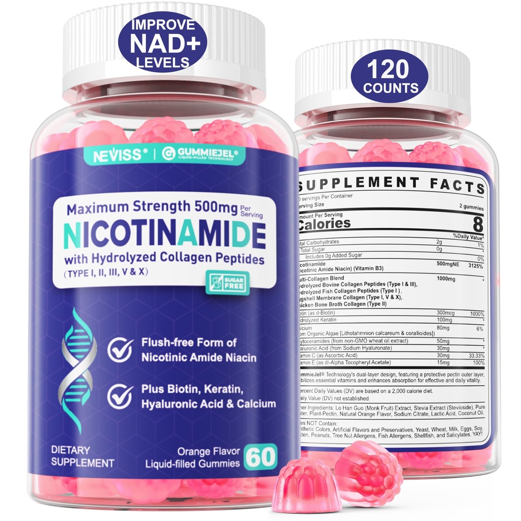 2 Pack - Nikotinamid 500mg Gummies, NAD + Supplement för kvinnor och män w / Collagen Peptides, (Flush Free Niacin) Vitamin B3 Niacinamide för anti-aging, NAD + Nivåer, Longevity, Focus & Brain, Sugar Free