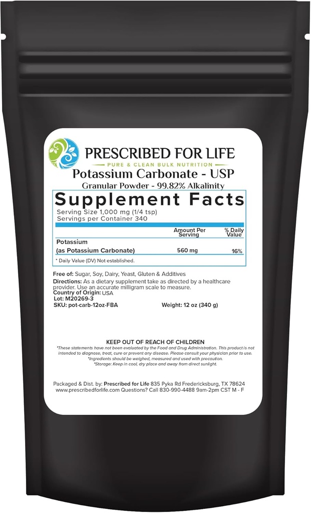 Förskrivet för livskaliumkarbonatpulver, Natural USP Food Grade Potash för växter, tvål, tillägg och mer, Pure Bulk Potassium Powder (12oz / 340g)