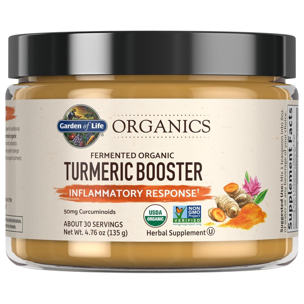Garden of Life Organics Turmeric Booster Inflammatory Response Powder - 30 Servings, 50mg Curcumin (95% Curcuminoids) & Probiotika, Organic Non-GMO Vegan & Gluten Free Herbal Supplements