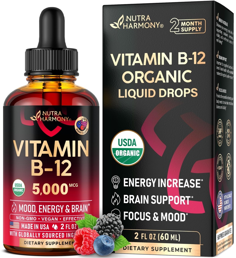 USDA Organic B12 Sublingual Drops - 5000 mikrog Liquid Vegan Methylcobalamiini naisille ja miehille - energia Boost, Focus & Mood, Aivojen terveys tuki - Maksimoi Imeytyminen - 2 kuukauden tarjonta, 2 fl oz