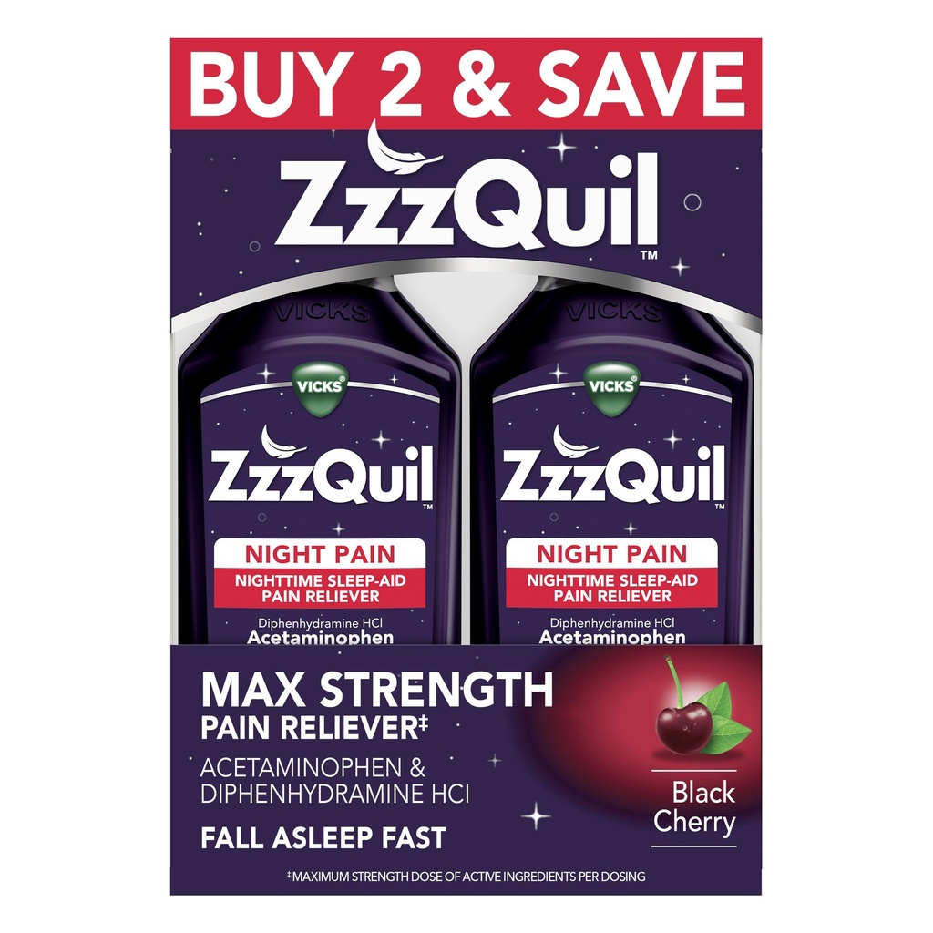 ZzzQuil Liquid Max Strength Pain Reliever, Nighttime Sleep Aid Liquid, Acetaminophen 1000mg, Difenhydramiini 50 mg HCI, ei-luontotyyppi muoto, musta kirsikka maku, 2 pakkaus, 24 FL OZ