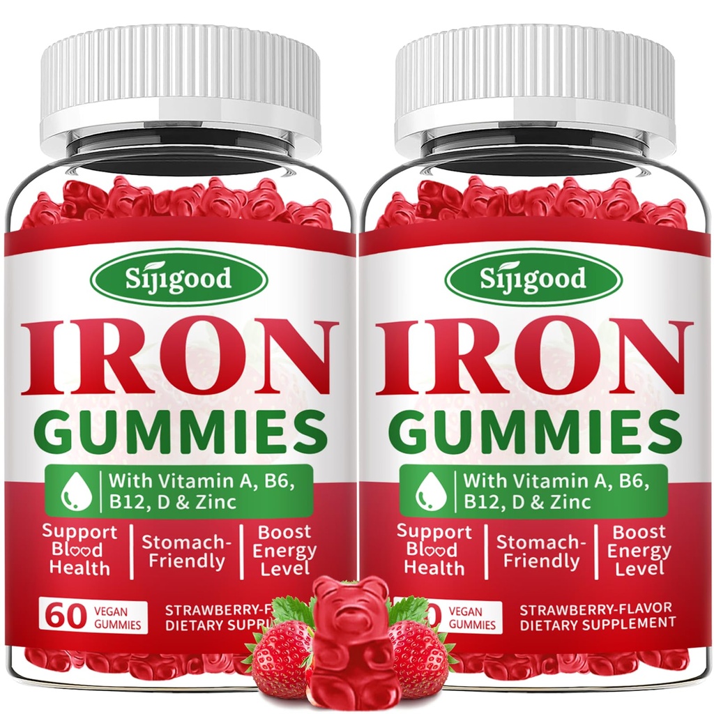 2 Pack Iron Gummies för kvinnor och män - Vegan Iron Supplement för anemi och järnbrist, med vitamin B12, vitamin C, Zink, folat - Energiökning, sockerfri, jordgubbsmak, 120 greve