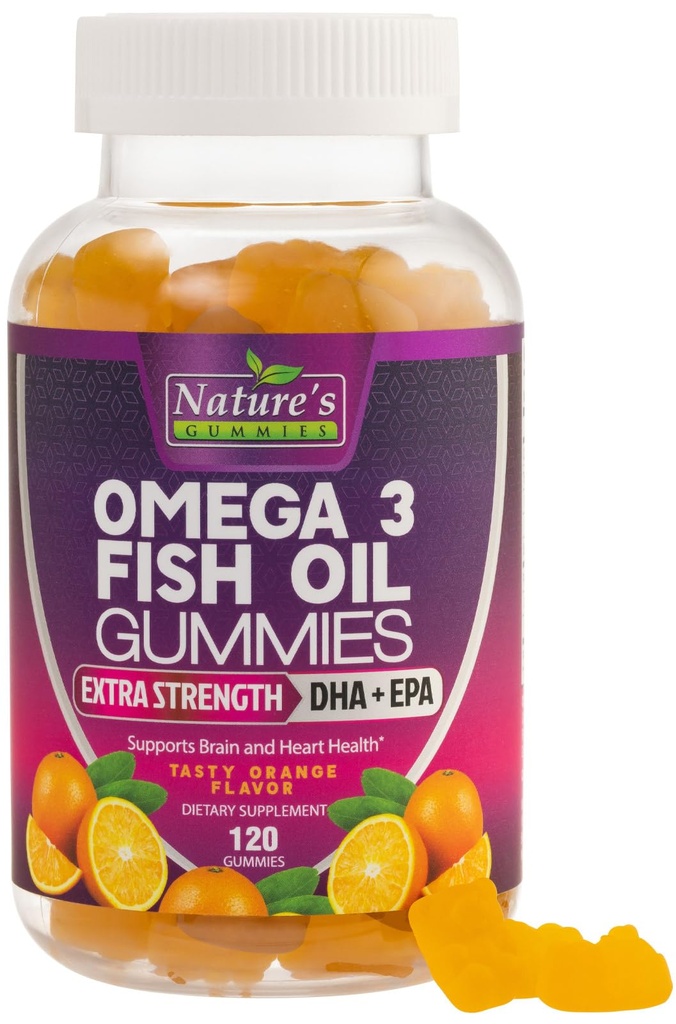 Omega 3 Fish Oil Gummies, Heart Terve Omega 3 Gummy täydentää korkea absorptio DHA & EPA, Extra Strength Joint & Brain Support, herkullinen Orange Flavor Fish Oil Nature's Vitamiini - 120 Gummies