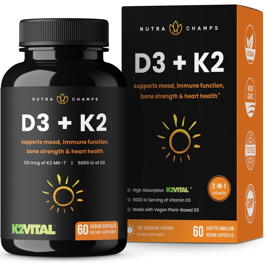 NutraChamps D3 ja K2 MK7 täydennysosa sydämen ja luun terveyttä D-vitamiini & K Complex ... 5 000 IU D-vitamiinia 3 & 100 mikrog K-vitamiinia 2 MK-7... 60 K2-vitamiinia D3 kapselia