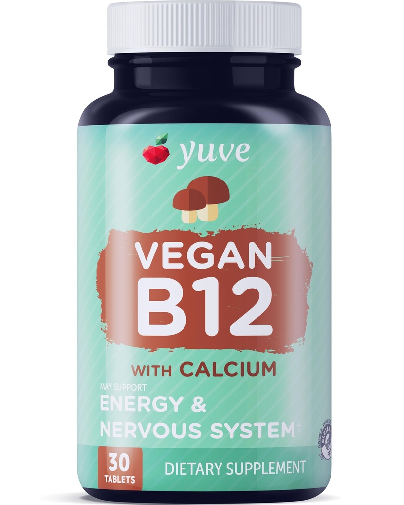 Yuve Vegan B12 med kalcium för maximal absorbption - aktiv energi och centralt nervsystemstöd - 1000mcg kobolamin vitamin B 12 - Naturlig, icke-GMO, glutenfri, sockerfri - 30 flikar