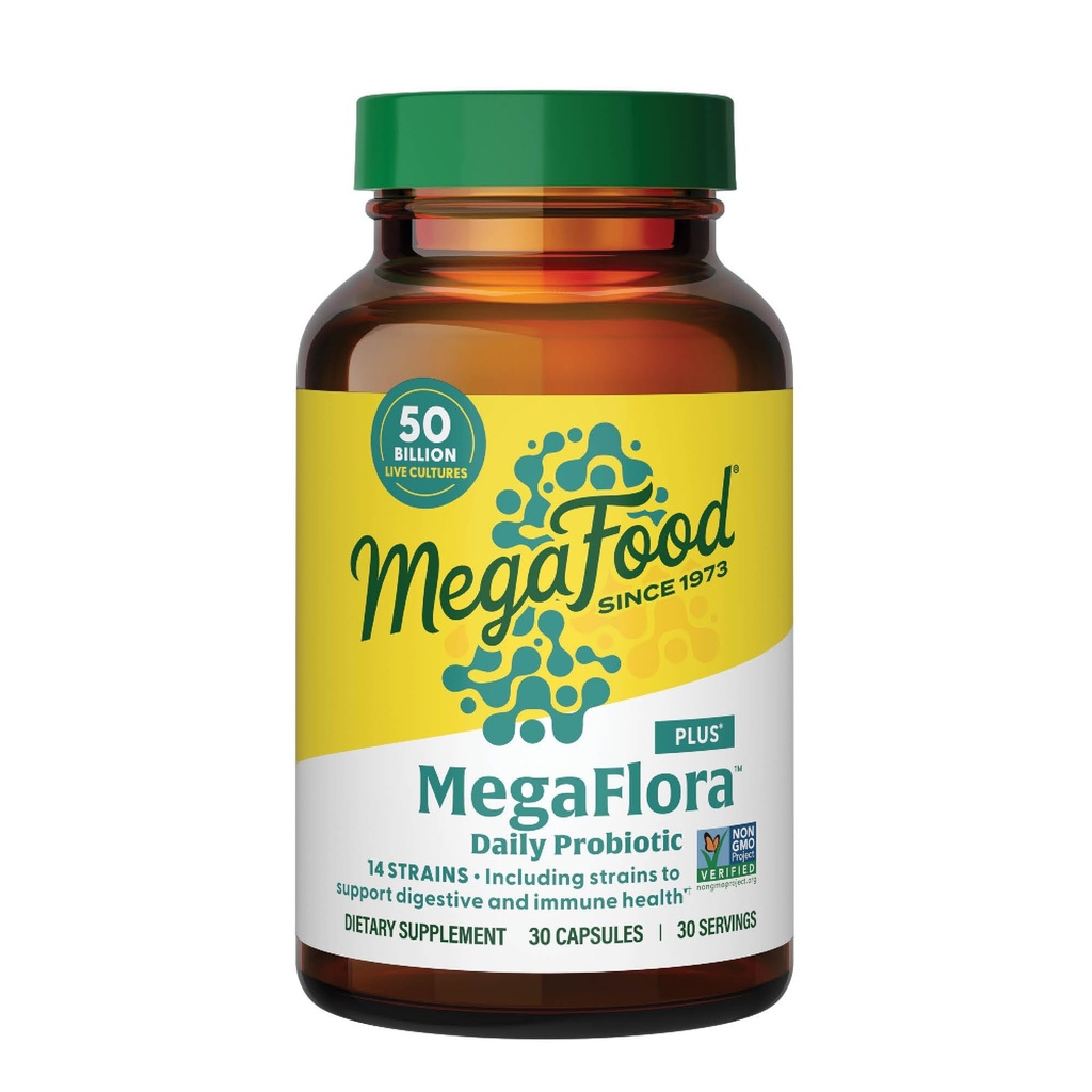 MegaFood MegaFlora Probiootti Plus - Probiootit naisille ja miehille Ruoansulatusterveys- 50 miljardia PMY:tä & 14 kanta - Immunosupport Supplement - Kasvisruoka - 30 kapselia