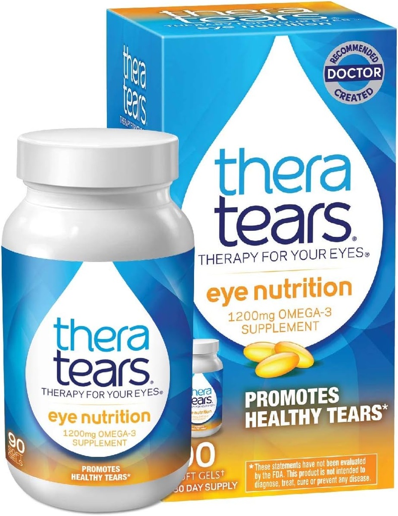 TheraTears 1200 mg Omega 3 täydennysosa silmän ravitsemus, orgaaninen pellavansiemen Triglyseridi Kalaöljy ja E-vitamiini, 90