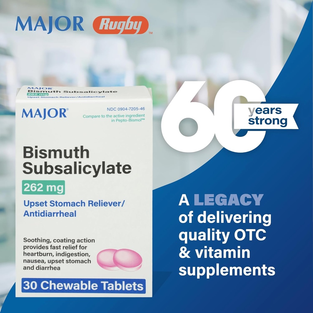 Majuri Bismuth Subsalicylate 262mg Chewables - Tarjoukset närästys, ruoansulatushäiriöt, Pahoinvointi, ripuli, ja vatsavaivat - ripulilääke - 30 purutablettia