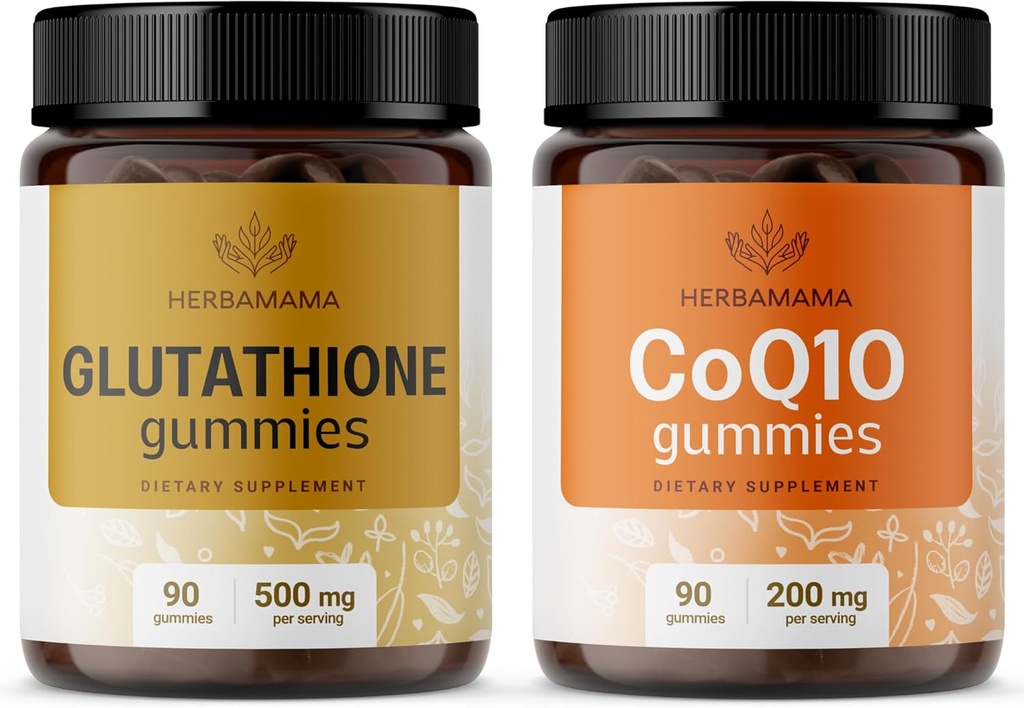 HERBAMA Glutationi ja CoQ10 Kit - Bundle 500 mg Alennettu L-glutationi ja 200 mg CoQ10 Gummies - Vegan, ei-GMO, Liivate-vapaa - 2 pakkaus