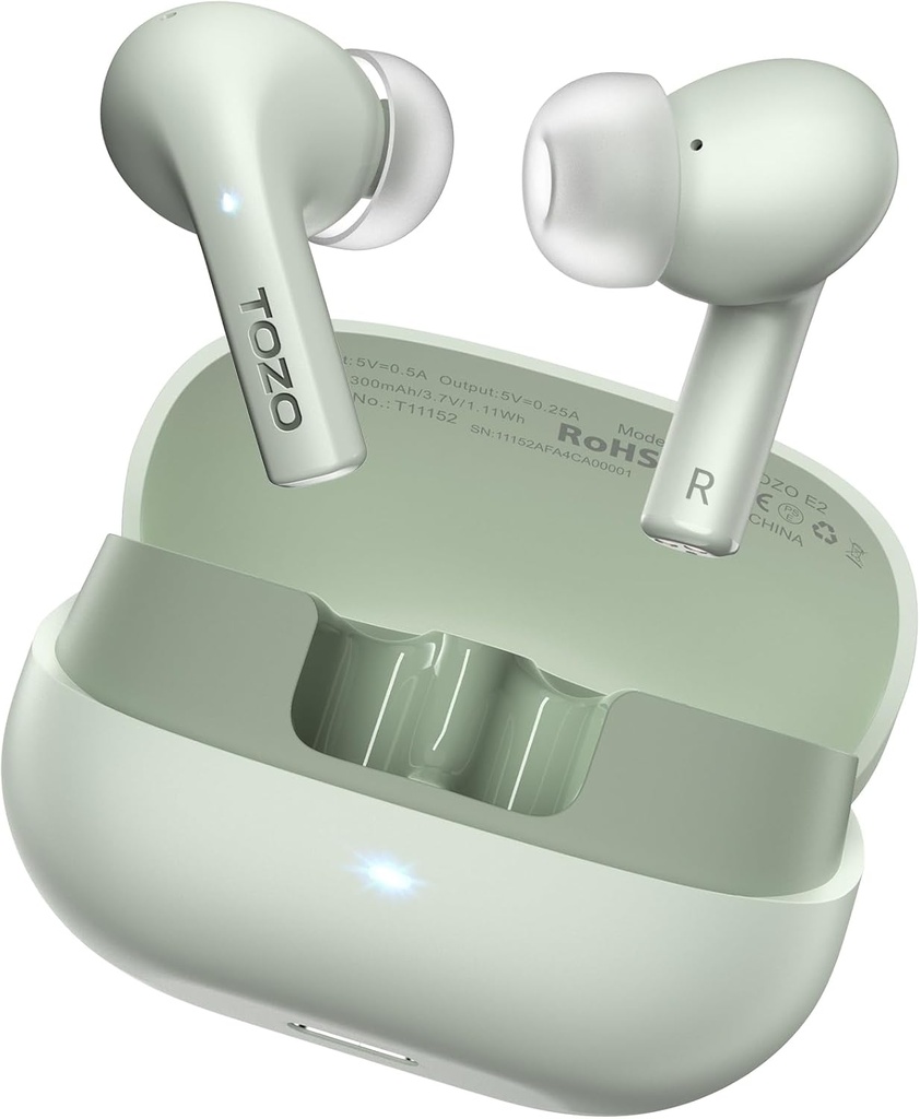 TOZO E2 Wireless Earbuds med 2 Mics AI Call Noise Cancellation, 10mm Drivers med kraftfull bas, App Anpassa 32 EQs, 30H Playtime, Bluetooth 5.3 Ear Buds, Comfort Fit in-Ear Headphones