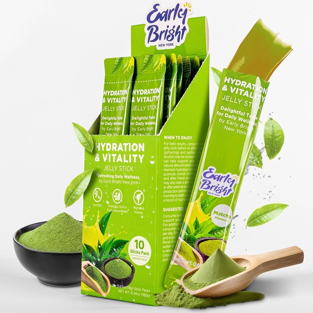 Jelly Sticks - Matcha-Flavored for Better Morning Jälkeen juominen, maksan tuki & elinvoimaa Tauriini & DHM, tunne virkistynyt ja virkistynyt, 18gX10ea