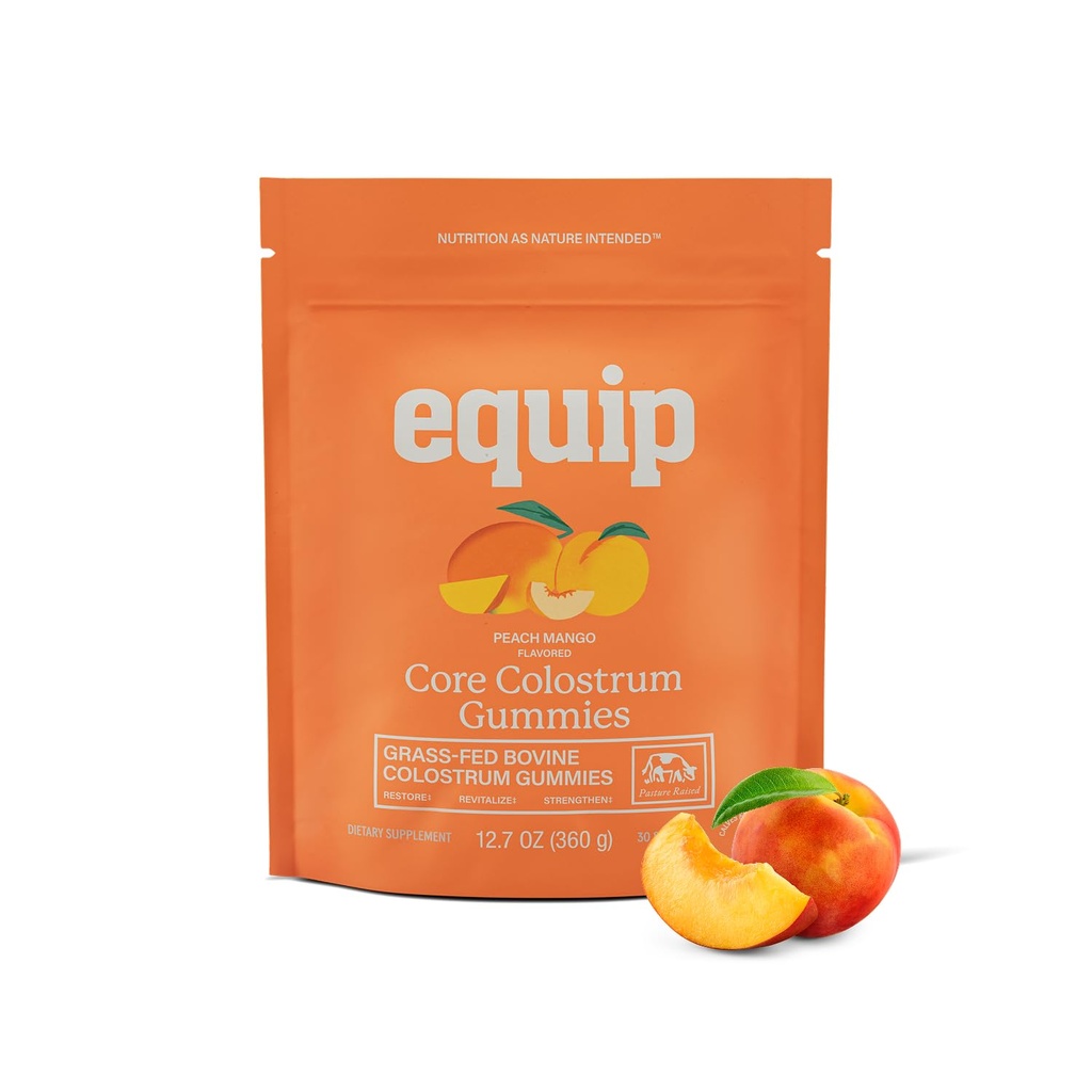 Equip Foods Core Naudan Colostrum Gummies, Herkullinen 1g Per Seving Grass Fed Colostrum Supplement - Gut Health, Immuniteetti, Recovery, Hiukset ja iho - 60 Naudan Colostrum Gummies, 30 Tarjoilut, Persikka Mango