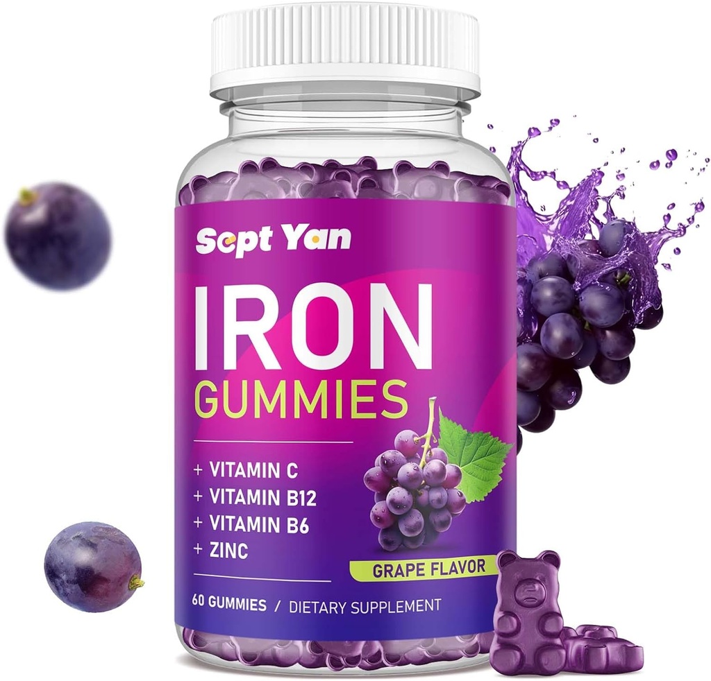Iron Gummies för kvinnor och barn - med vitamin C, B12, B6, Zink - Blood Builder & Energy - Järntillskott Gummies stöd för blodbyggare, Anemi - 60 Vegan Grape smak