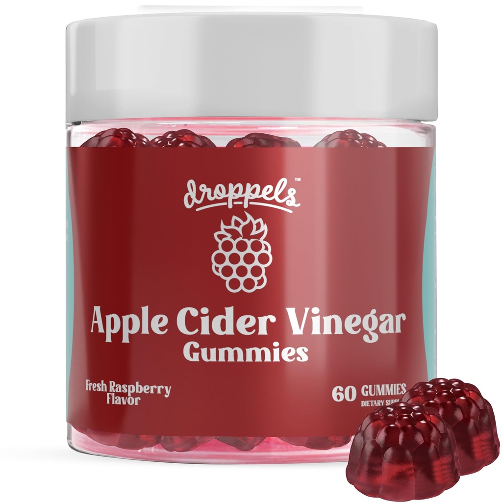 Droppels Apple Cider Vinegar Gummies 1000mg med Beet Root & Pomegranate | Non-GMO, Vegan-Friendly, Gluten Free | Stöder Digestion, Metabolism, Energy & Immune Health | Raspberry Flavor
