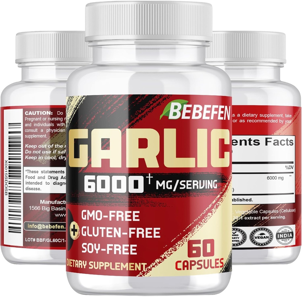 BEBEFEN Garlic Supplements - Garlic Extract Capsules för Digestive System, Immune Health & Overall Well-Being - Vegetarian, Non-GMO
